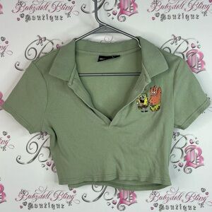 Nickelodeon cropped tshirt SpongeBob Patrick Olive Green Crop Top Embroidery y2k
